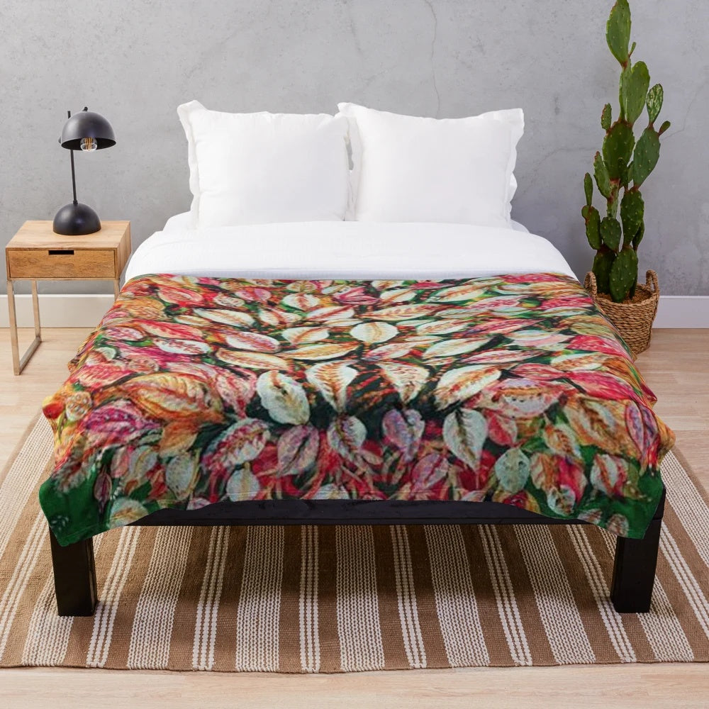 Plush blanket featuring vibrant leaves pattern inspired by Seraphine Louis' artwork