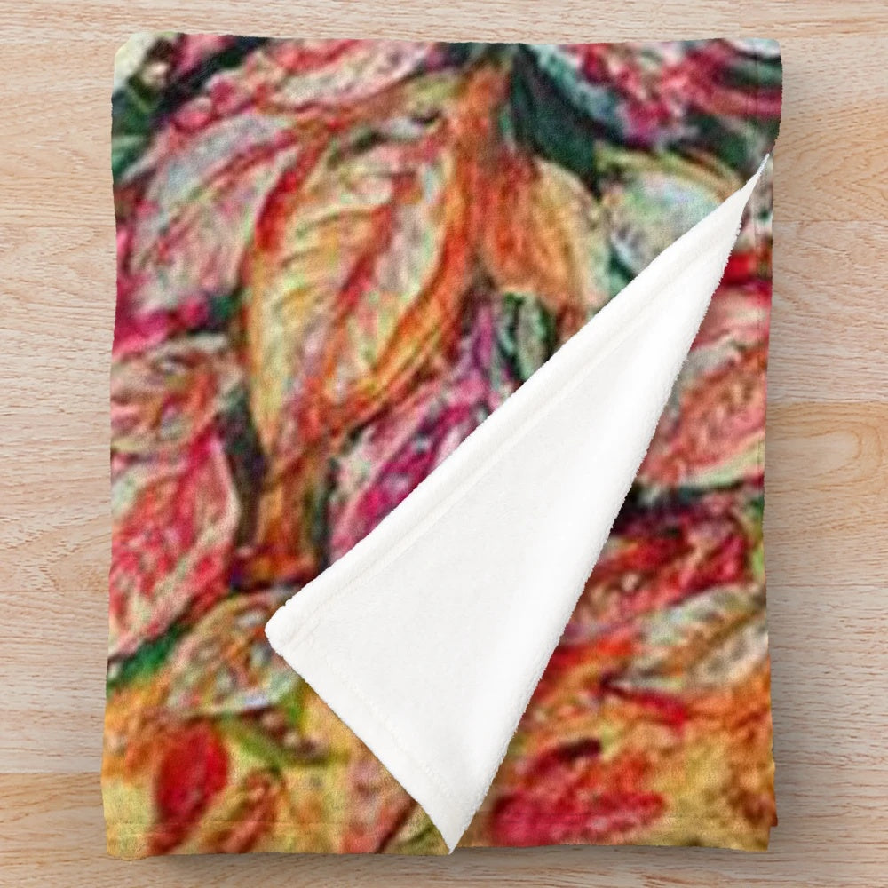 Plush blanket featuring vibrant leaves pattern inspired by Seraphine Louis' artwork
