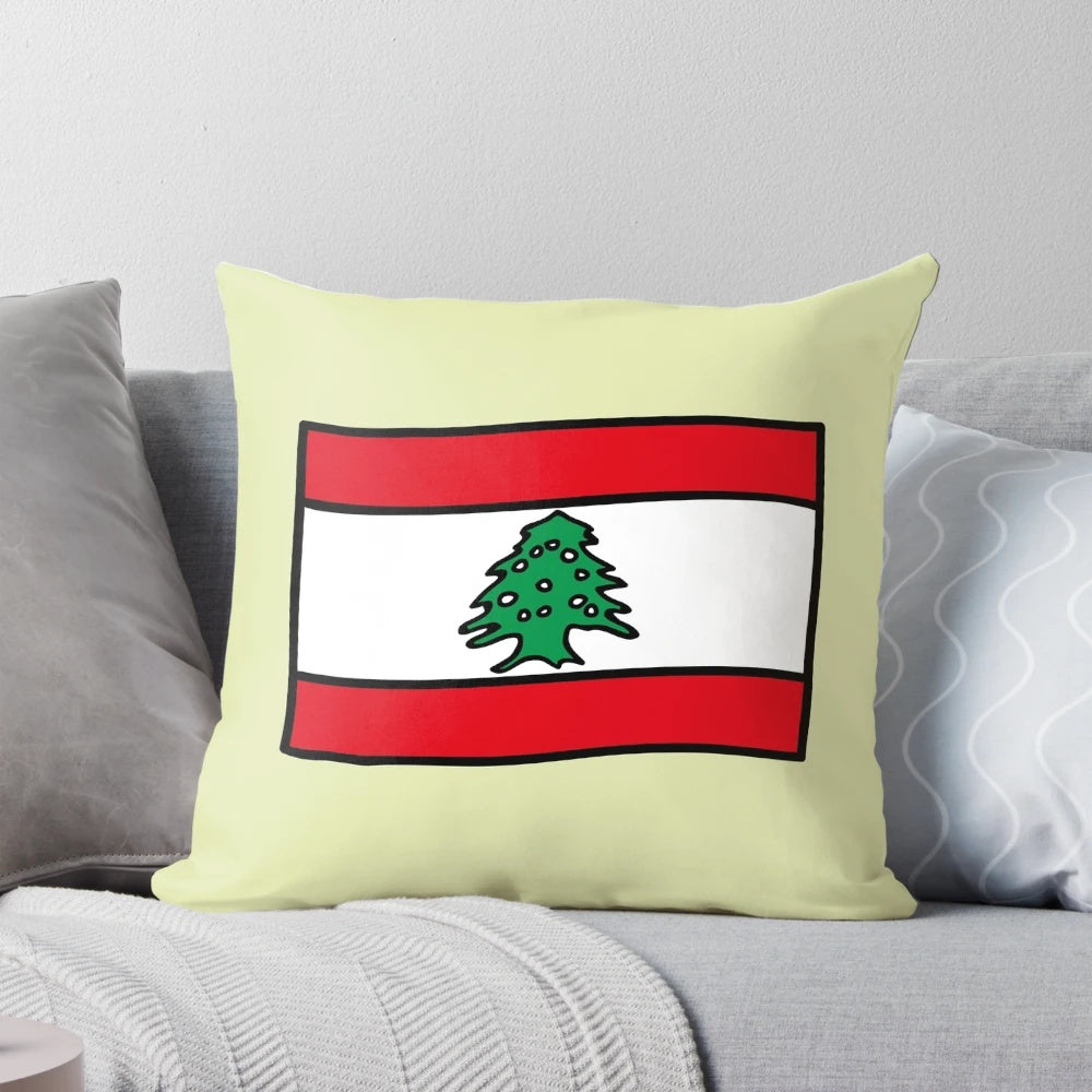 Decorative throw pillow featuring the vibrant flag of Lebanon, perfect for Middle Eastern home decor.