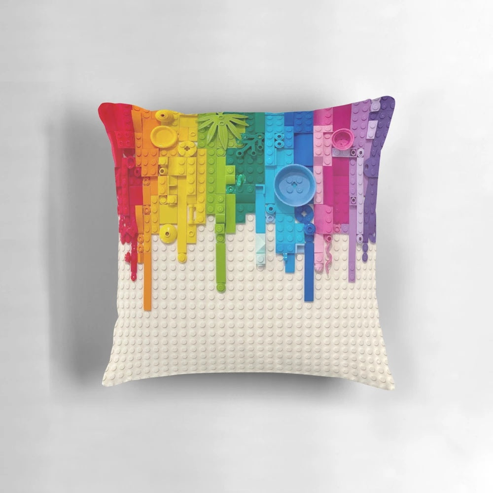 Colorful abstract throw pillow with Lego-inspired xray and skeleton design