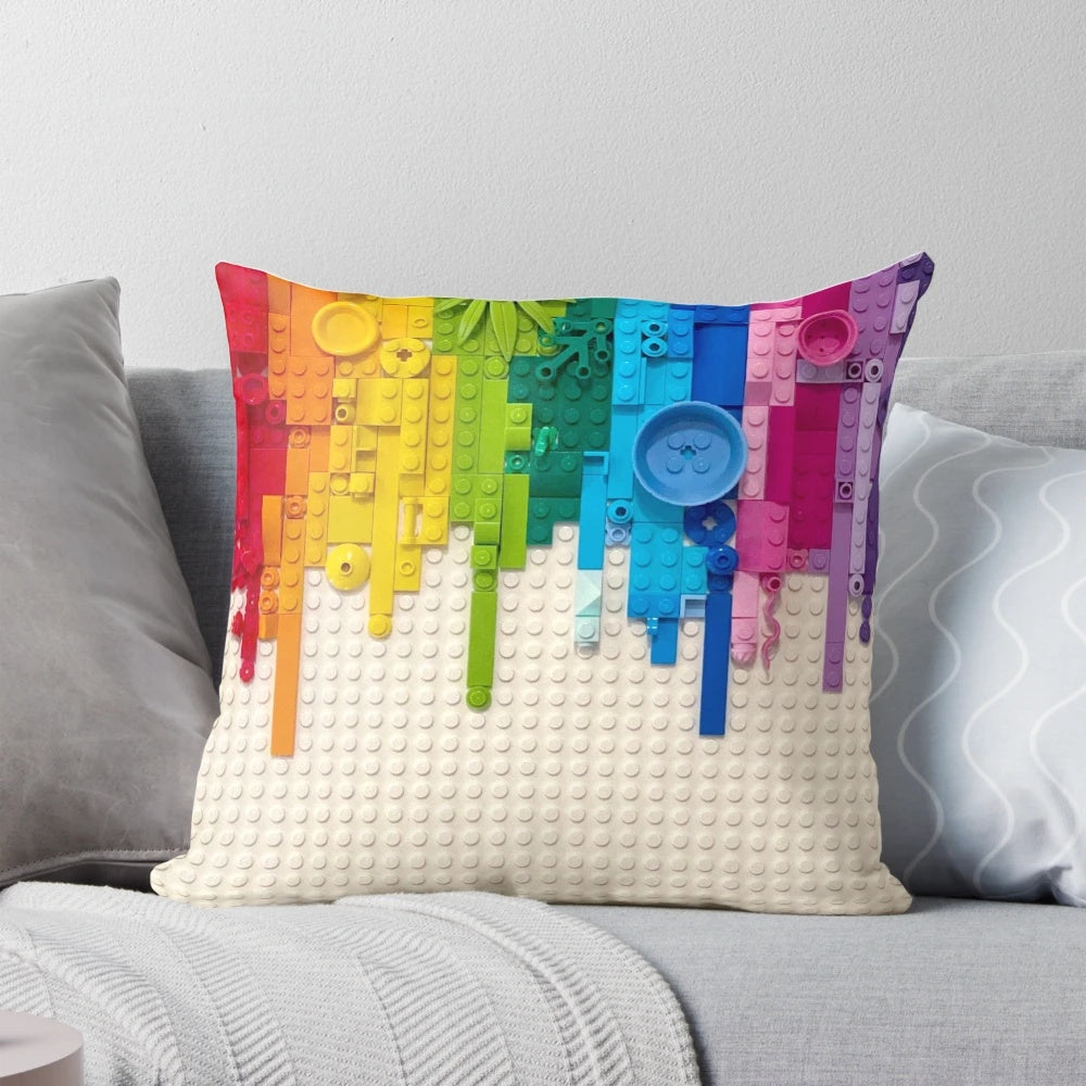 Colorful abstract throw pillow with Lego-inspired xray and skeleton design