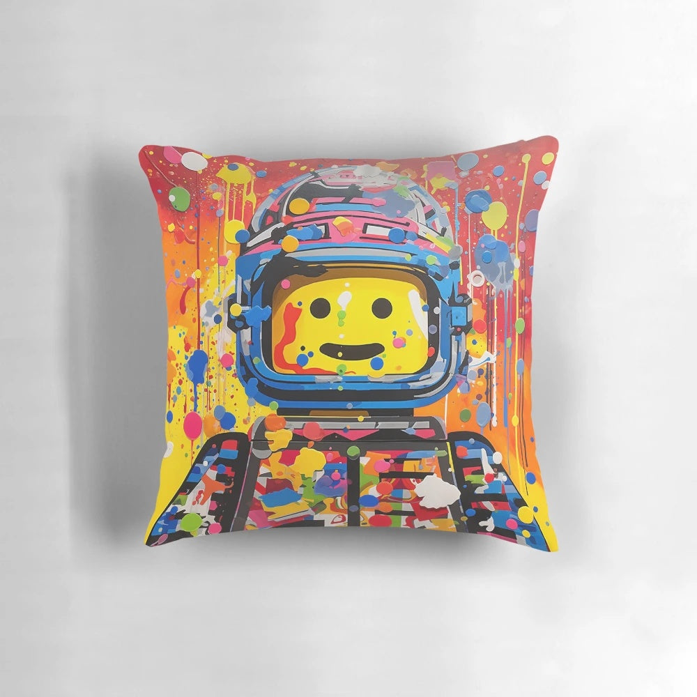 Colorful Lego spaceman pillow with bold, playful design