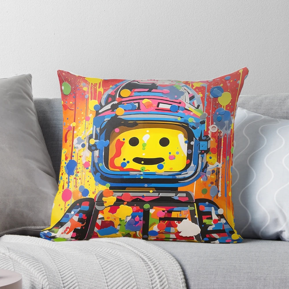 Colorful Lego spaceman pillow with bold, playful design