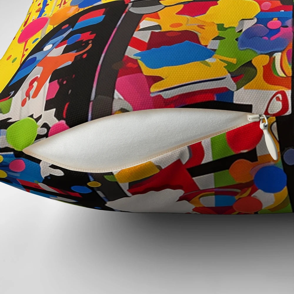 Colorful Lego spaceman pillow with bold, playful design