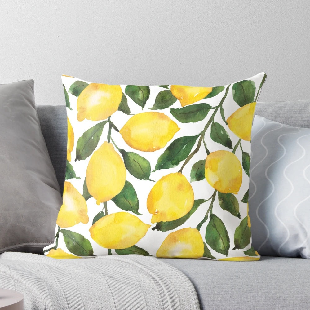 Lemon-themed watercolor design on a soft, plush pillow