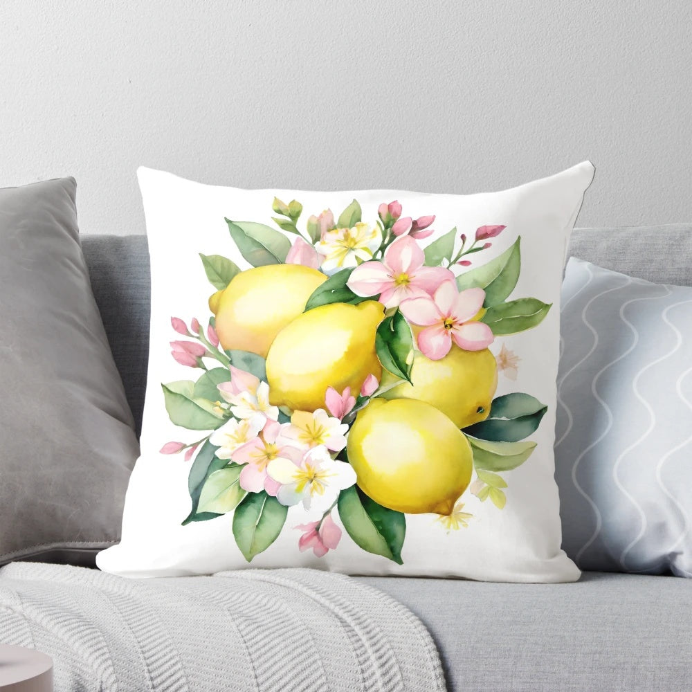 Decorative throw pillow featuring a watercolor illustration of lemons and sunny flowers in a bouquet against a light background