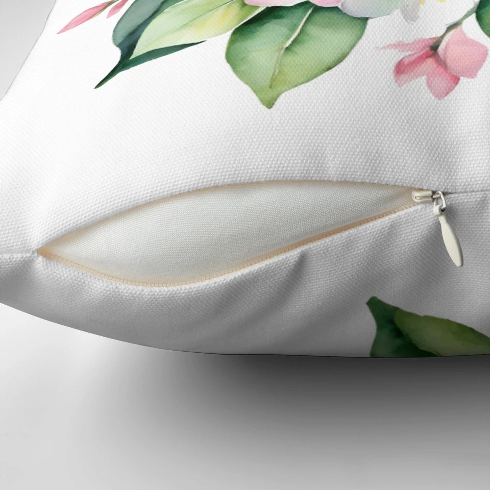 Decorative throw pillow featuring a watercolor illustration of lemons and sunny flowers in a bouquet against a light background