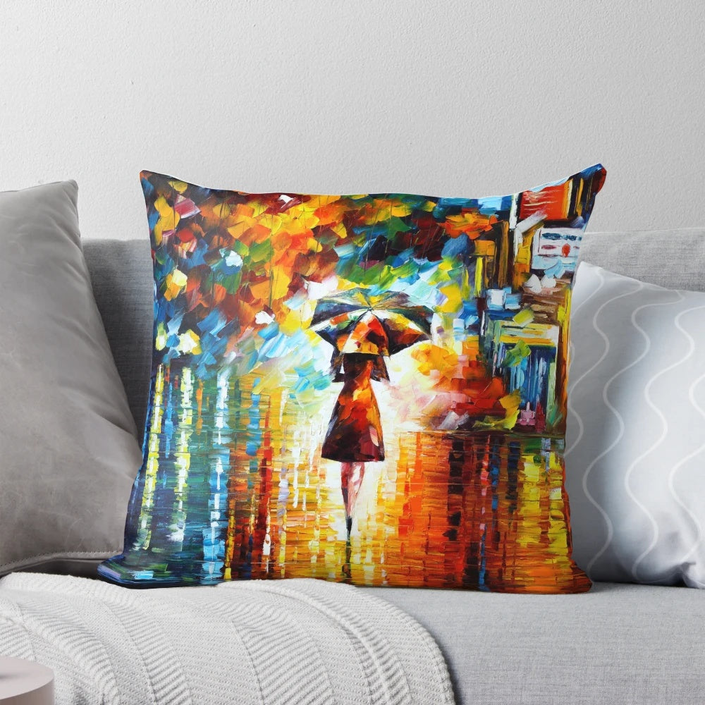 Colorful abstract art pillow featuring a stylized portrait of a cat in Leonid Afremov's impressionist style.