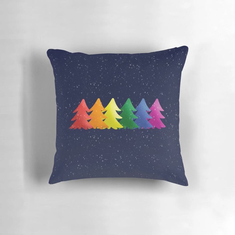 Colorful rainbow Christmas tree throw pillow with "Pride Christmas" text