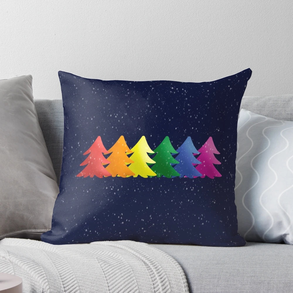 Colorful rainbow Christmas tree throw pillow with "Pride Christmas" text