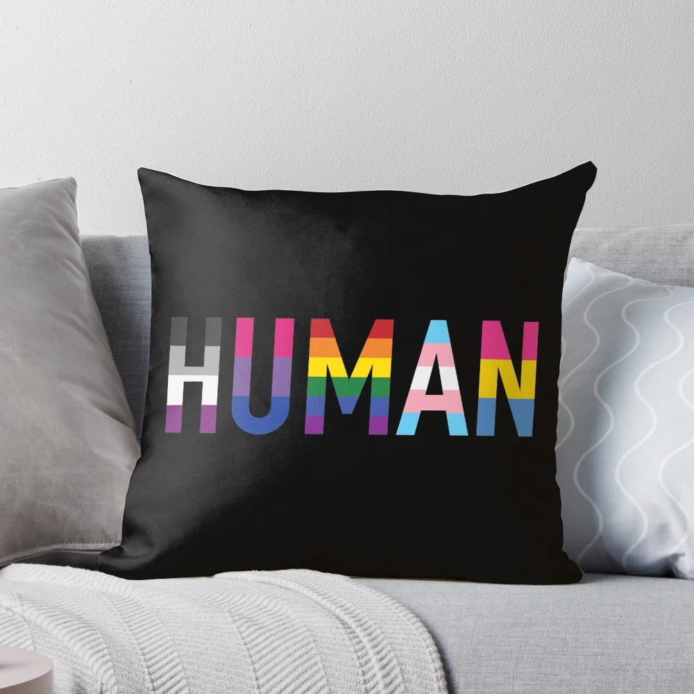 Colorful LGBTQIA+ pride flags printed on a plush, comfortable pillow.