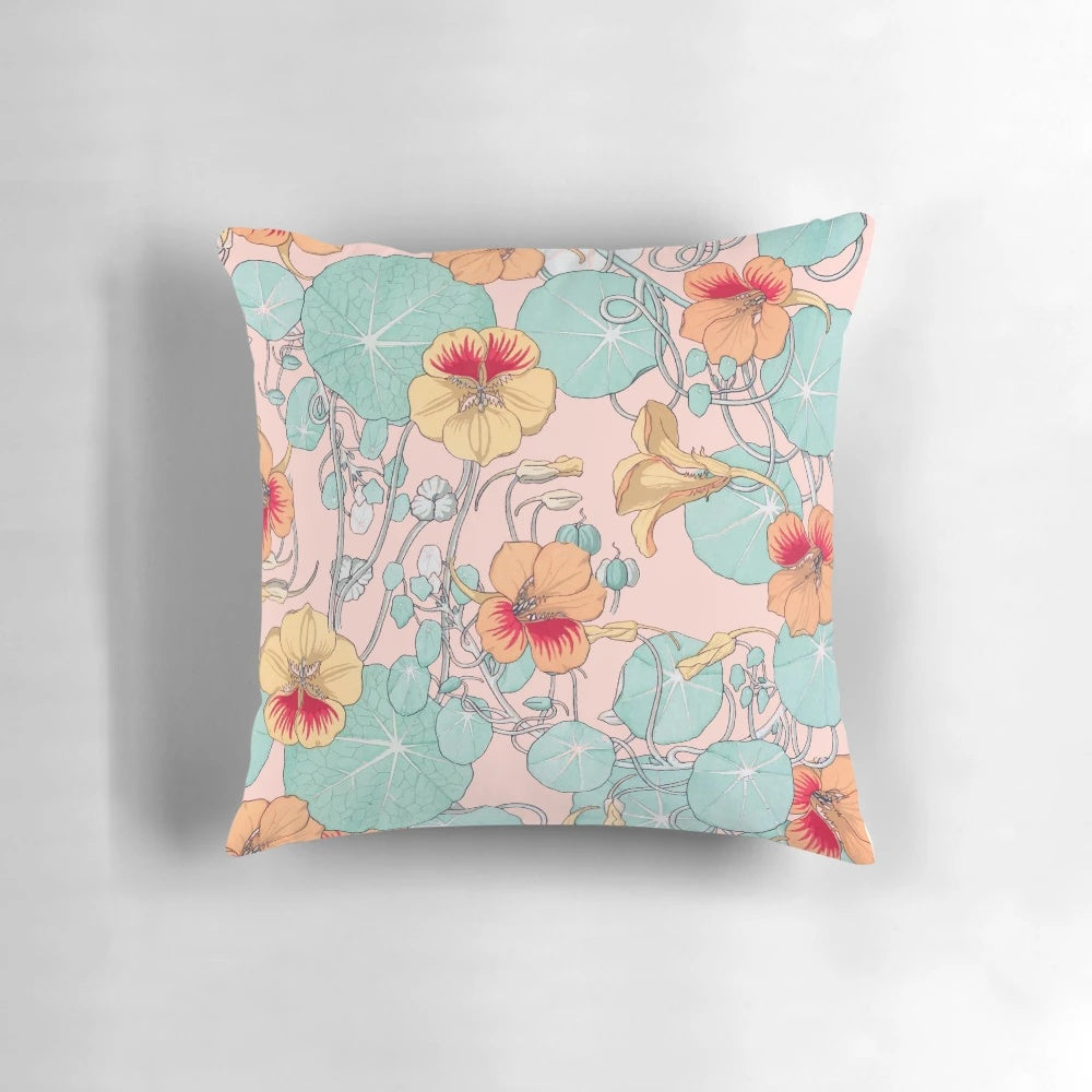 Vibrant watercolor painting of a lily pond with lotus flowers and lush, tropical foliage