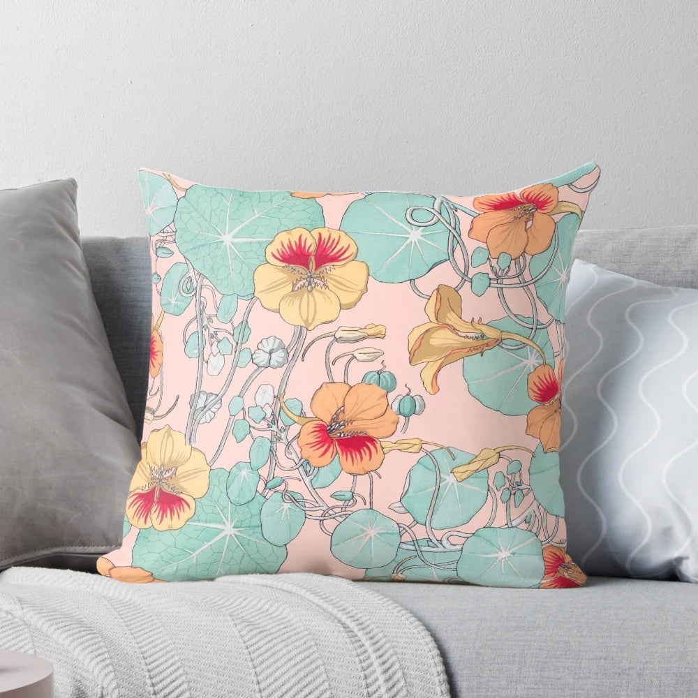 Vibrant watercolor painting of a lily pond with lotus flowers and lush, tropical foliage