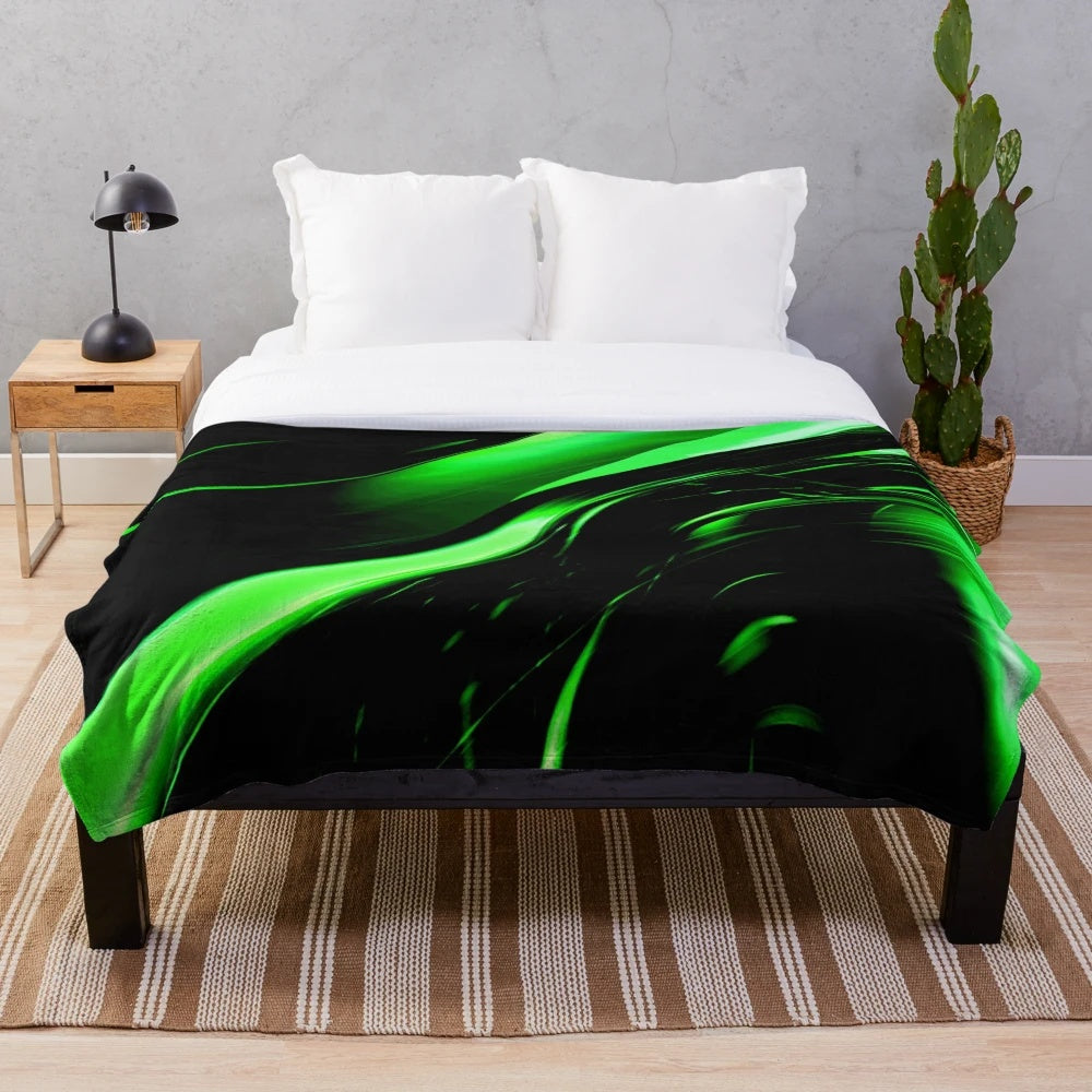 Lime Florescent Green and Black Swirling Abstract Pattern Plush Blanket