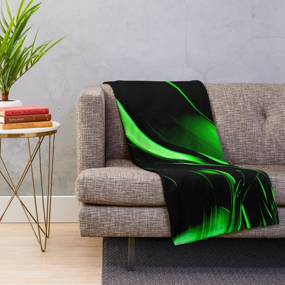 Lime Florescent Green and Black Swirling Abstract Pattern Plush Blanket