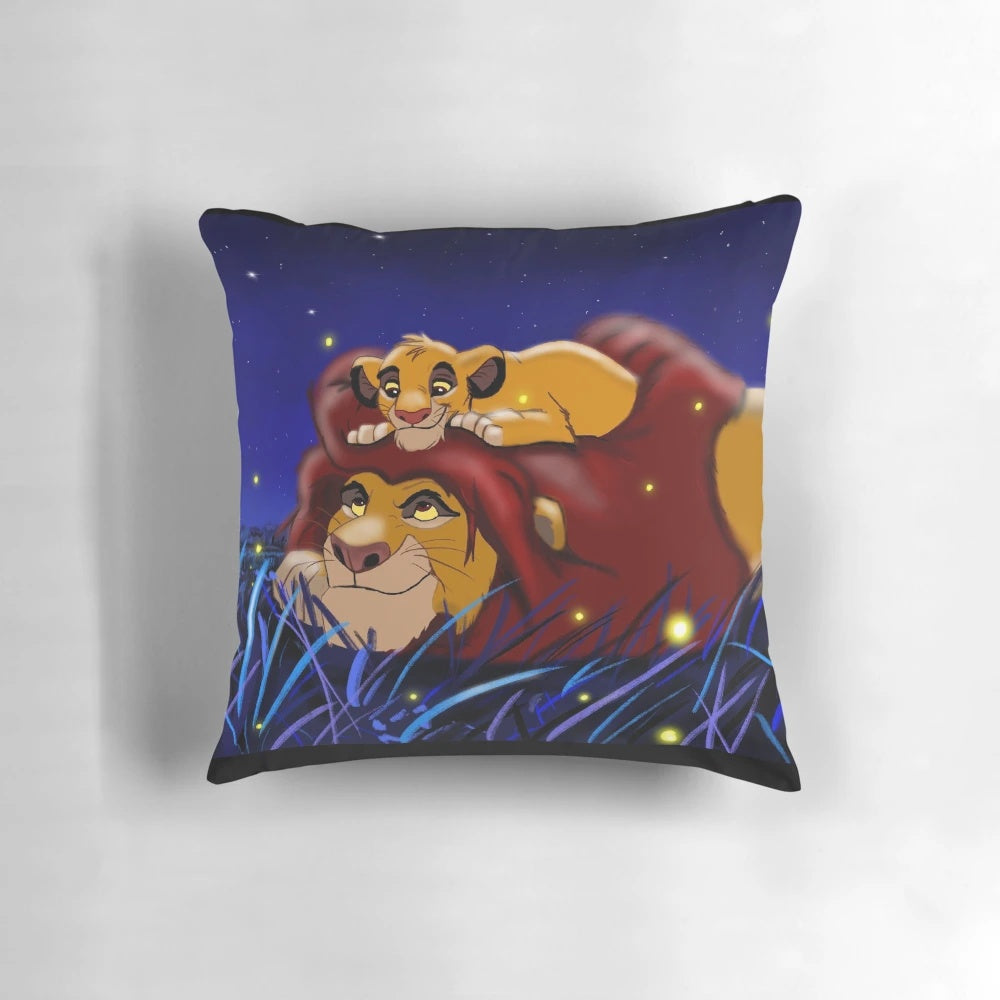 A vibrant and colorful pillow design featuring characters from the classic Disney film The Lion King.