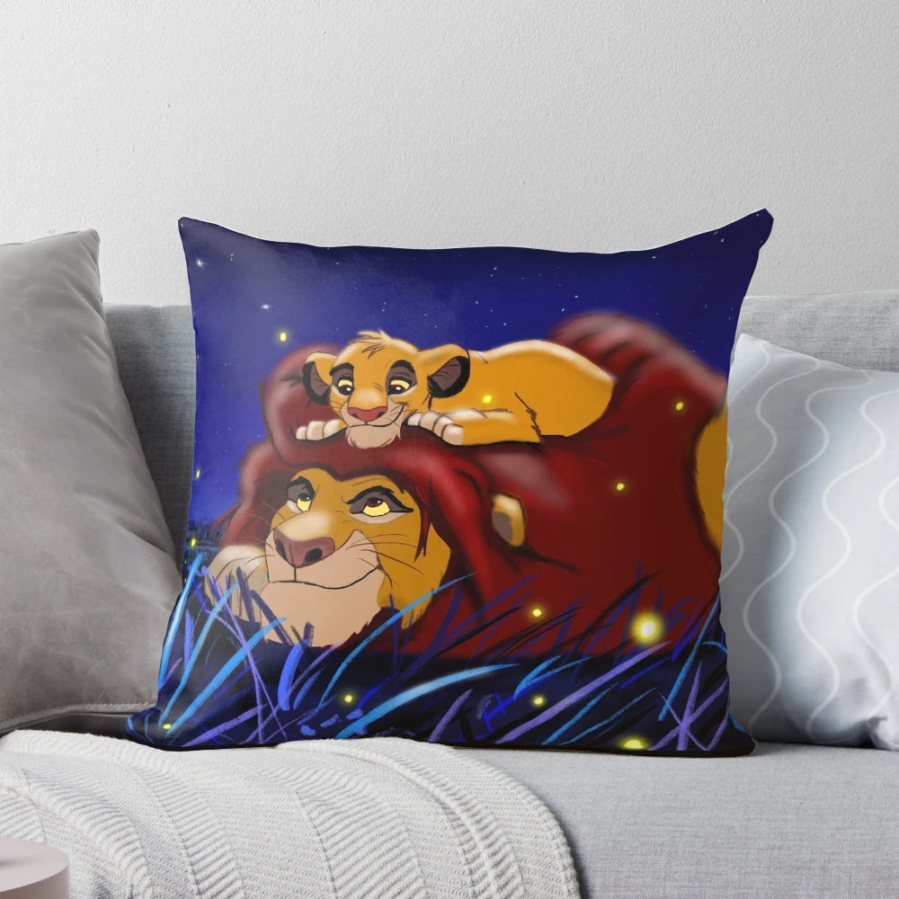 A vibrant and colorful pillow design featuring characters from the classic Disney film The Lion King.