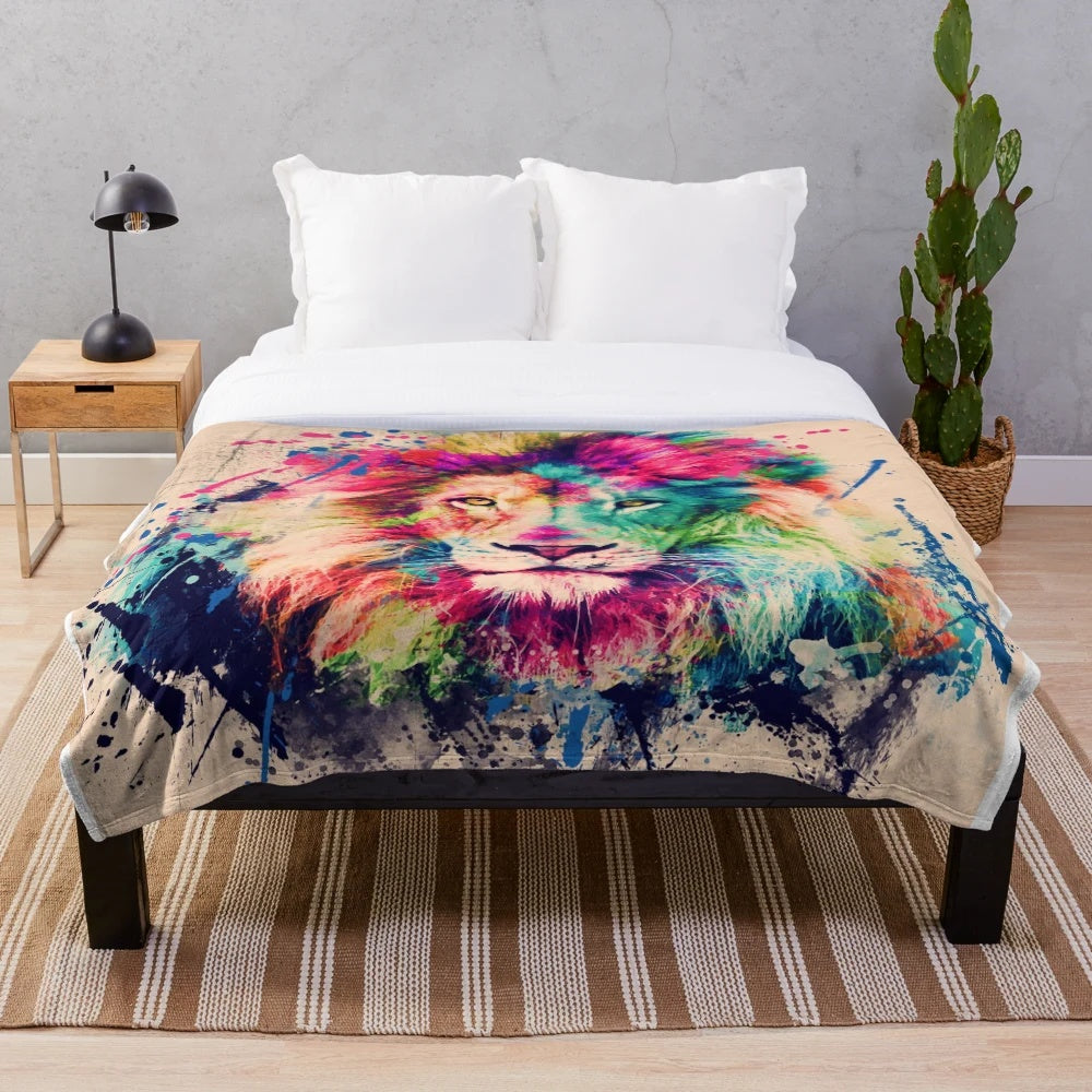 Lion Watercolor Splash Portrait Plush Blanket