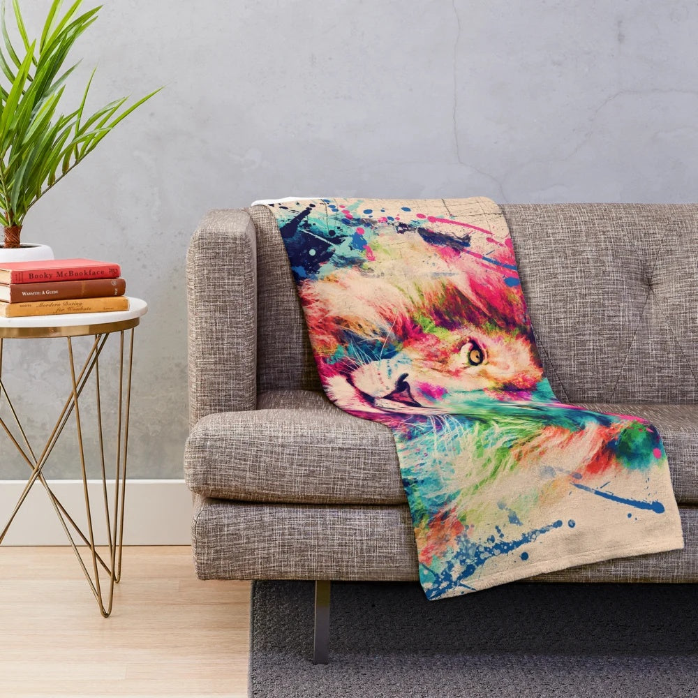 Lion Watercolor Splash Portrait Plush Blanket