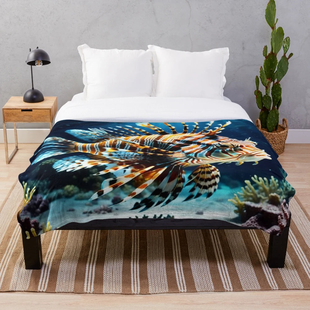 Lionfish plush blanket with intricate underwater design