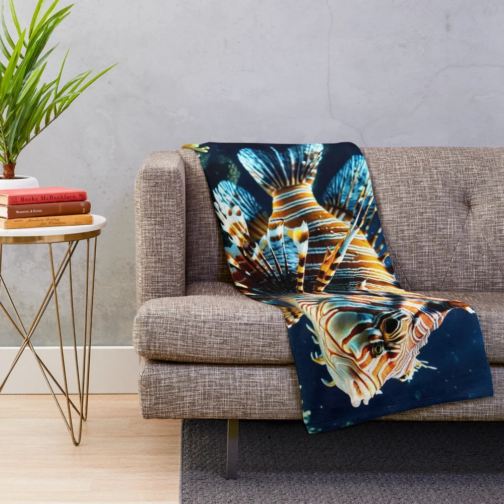 Lionfish plush blanket with intricate underwater design
