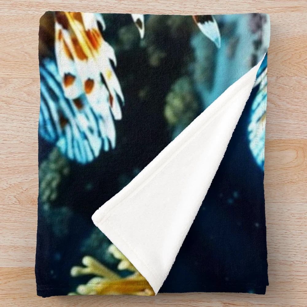 Lionfish plush blanket with intricate underwater design