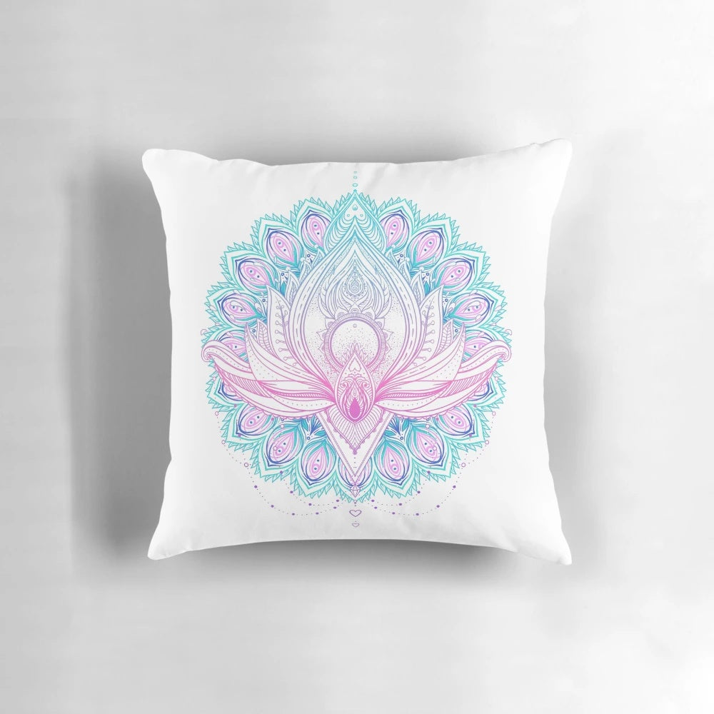 Decorative throw pillow featuring a vibrant lotus flower mandala design