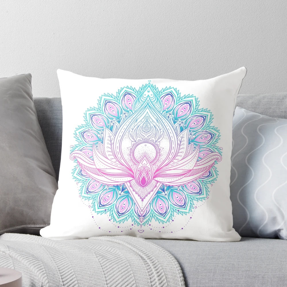 Decorative throw pillow featuring a vibrant lotus flower mandala design