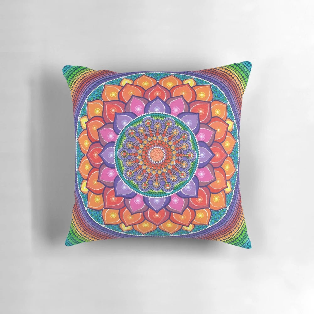 Colorful lotus flower mandala design printed on a soft, comfortable pillow for meditation and yoga practice.
