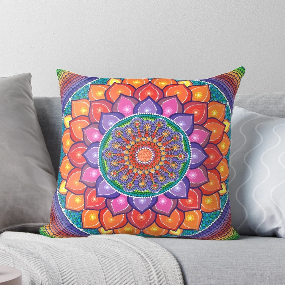 Colorful lotus flower mandala design printed on a soft, comfortable pillow for meditation and yoga practice.