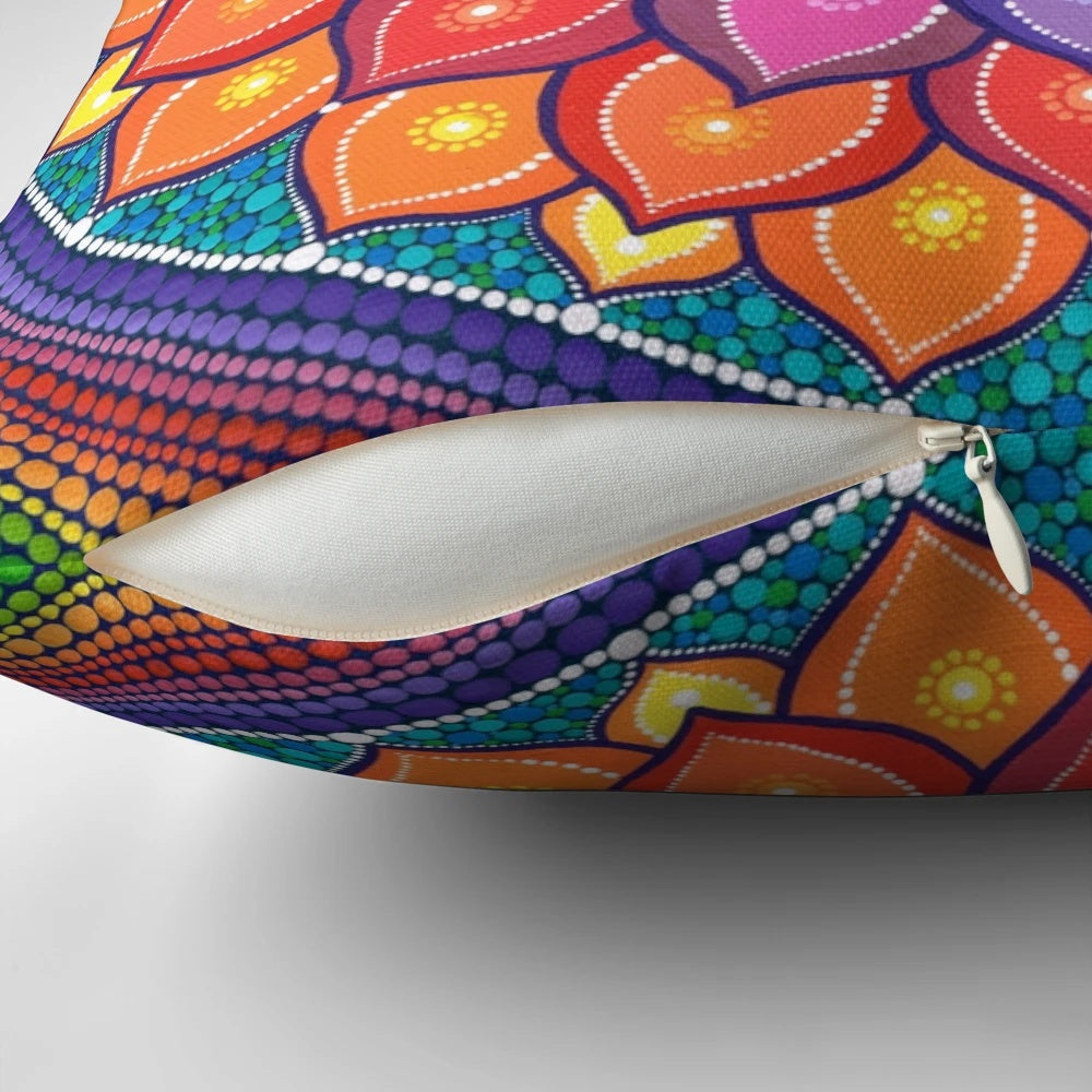 Colorful lotus flower mandala design printed on a soft, comfortable pillow for meditation and yoga practice.