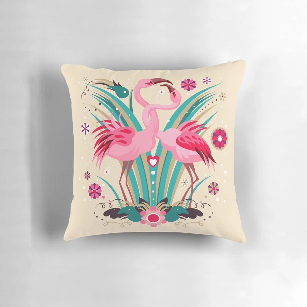 Vibrant love and flamingo print decorative throw pillow for tropical home decor