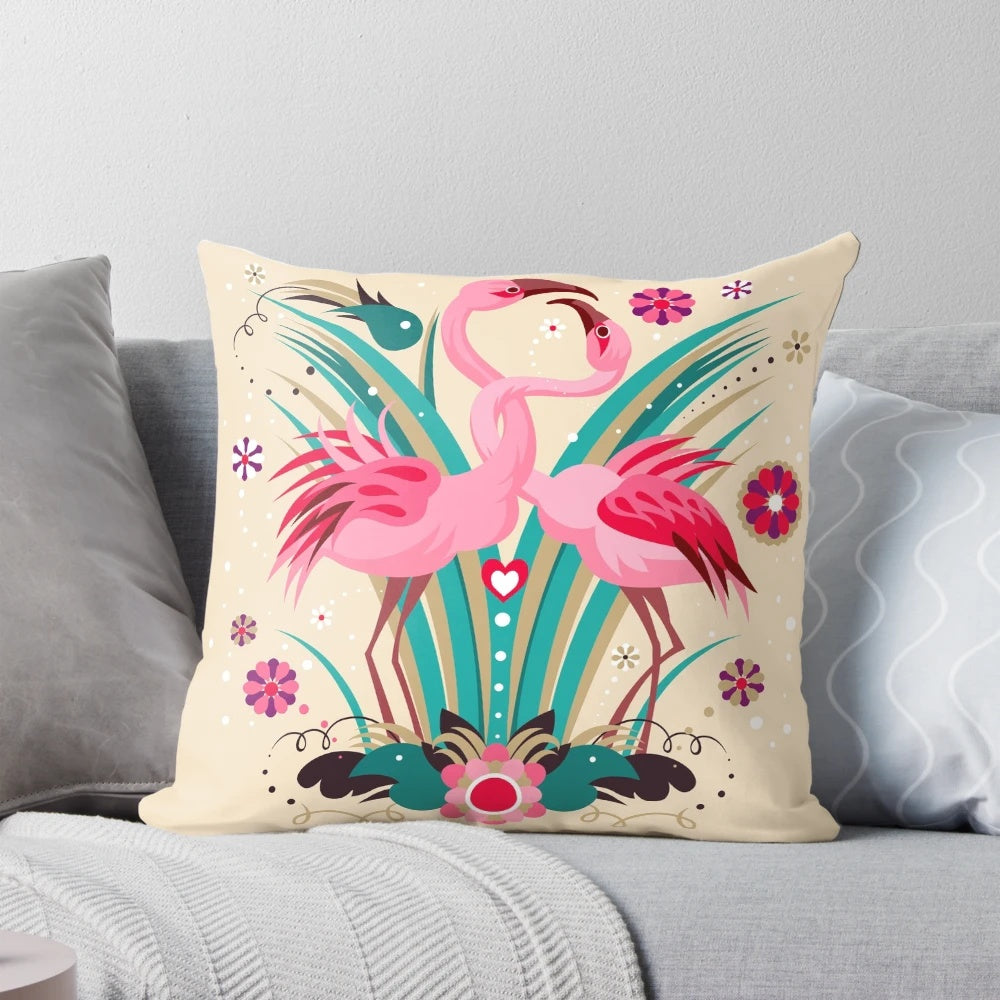 Vibrant love and flamingo print decorative throw pillow for tropical home decor