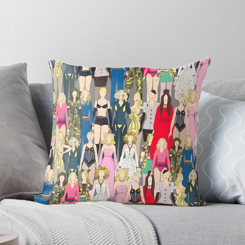 Artistic Madonna-themed throw pillow with vibrant street art-style design