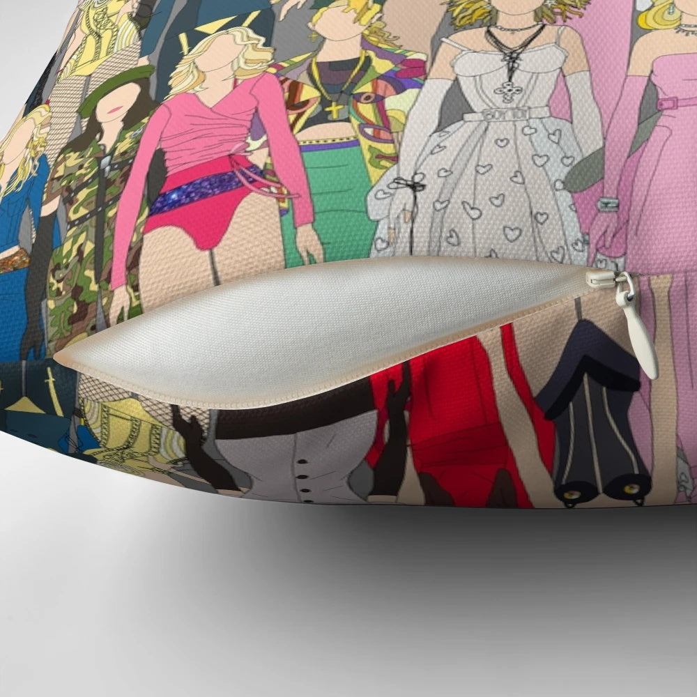 Artistic Madonna-themed throw pillow with vibrant street art-style design
