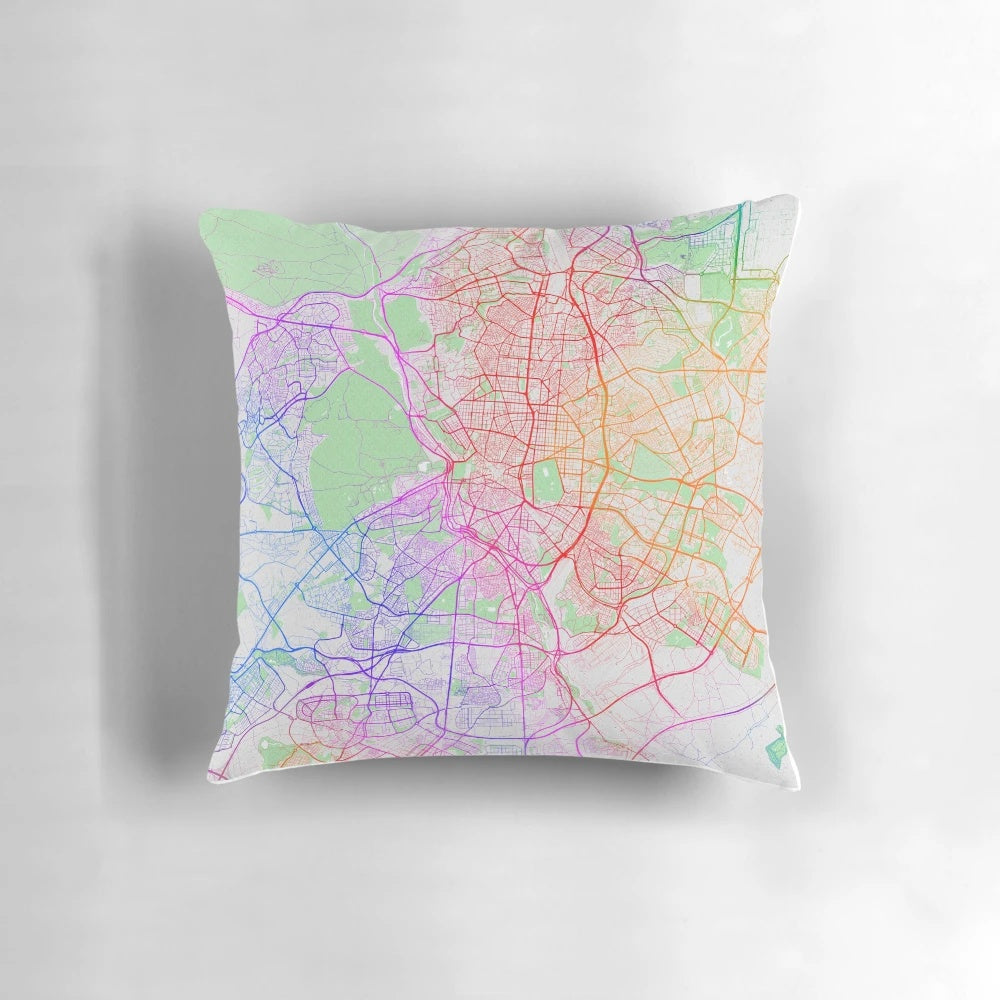 Colorful map of Madrid, Spain printed on a soft, plush pillow for home decor