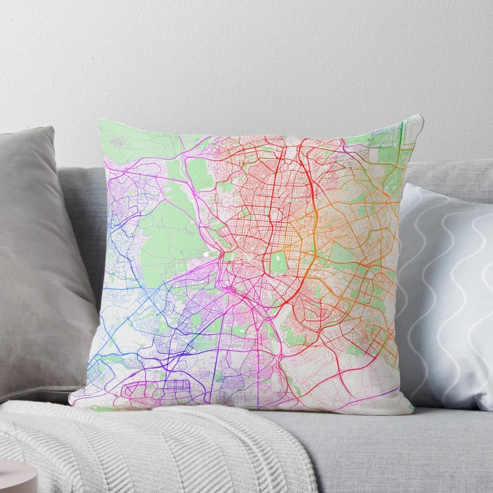 Colorful map of Madrid, Spain printed on a soft, plush pillow for home decor