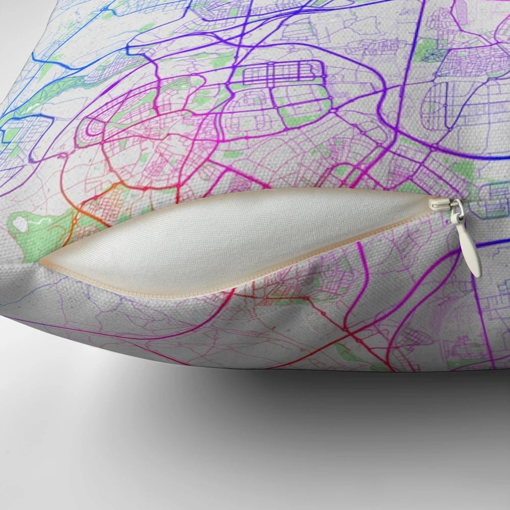 Colorful map of Madrid, Spain printed on a soft, plush pillow for home decor