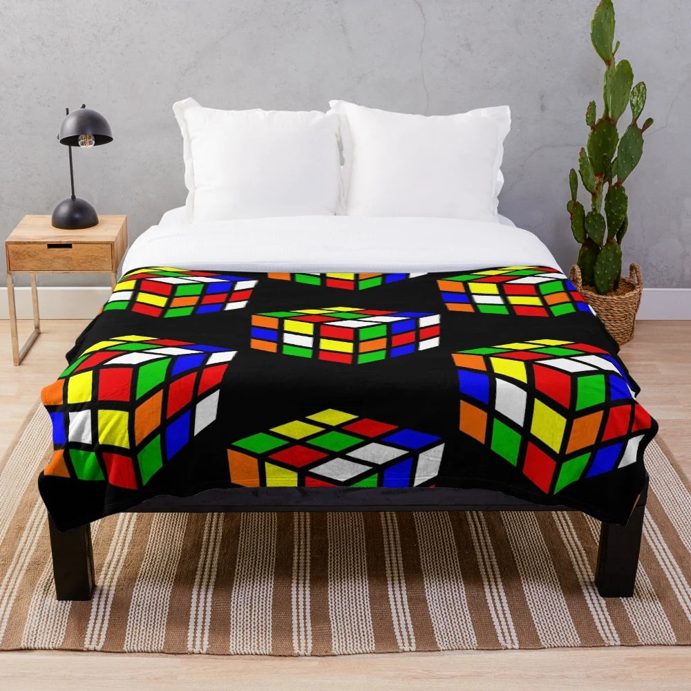 Colorful magic cube plush blanket with retro puzzle design
