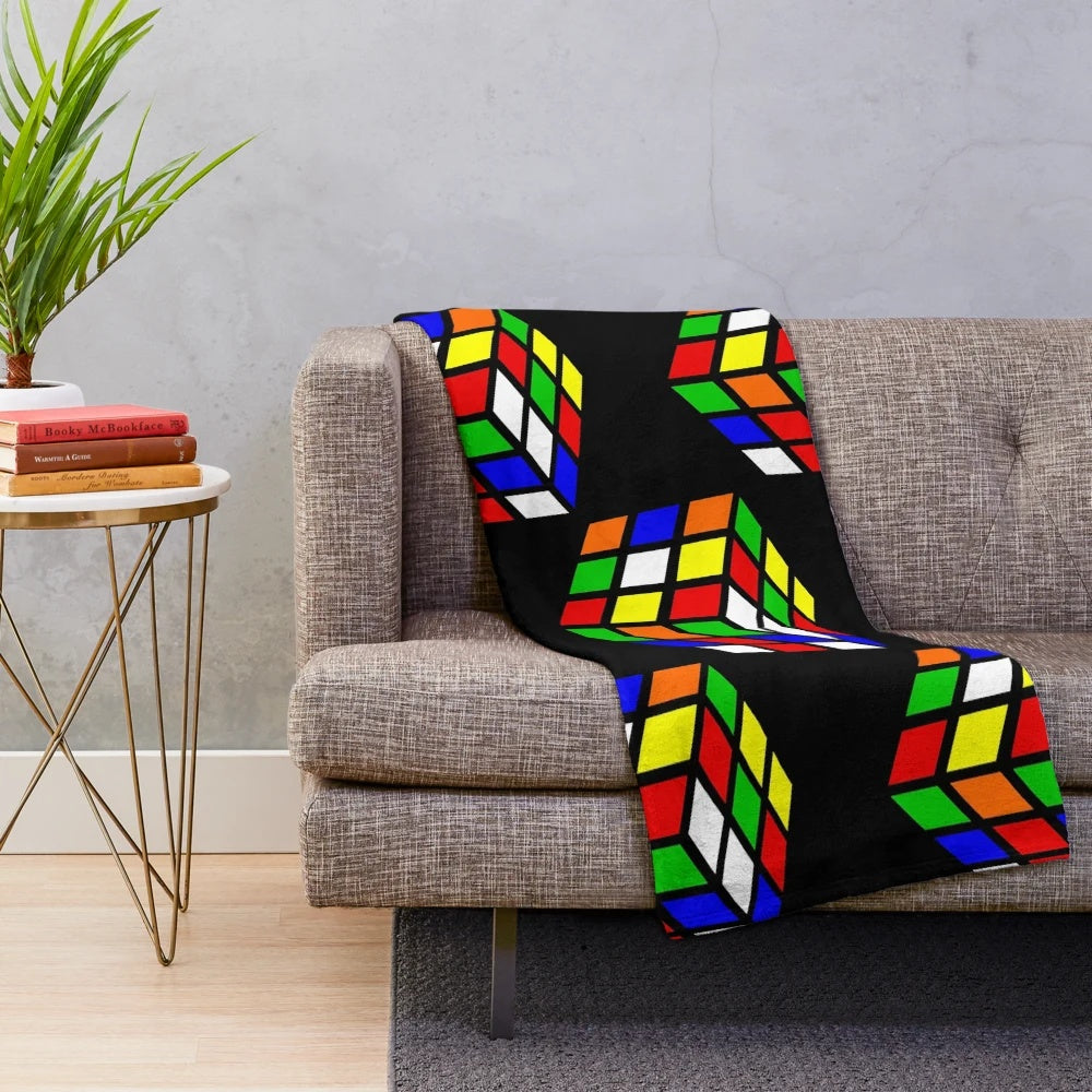Colorful magic cube plush blanket with retro puzzle design