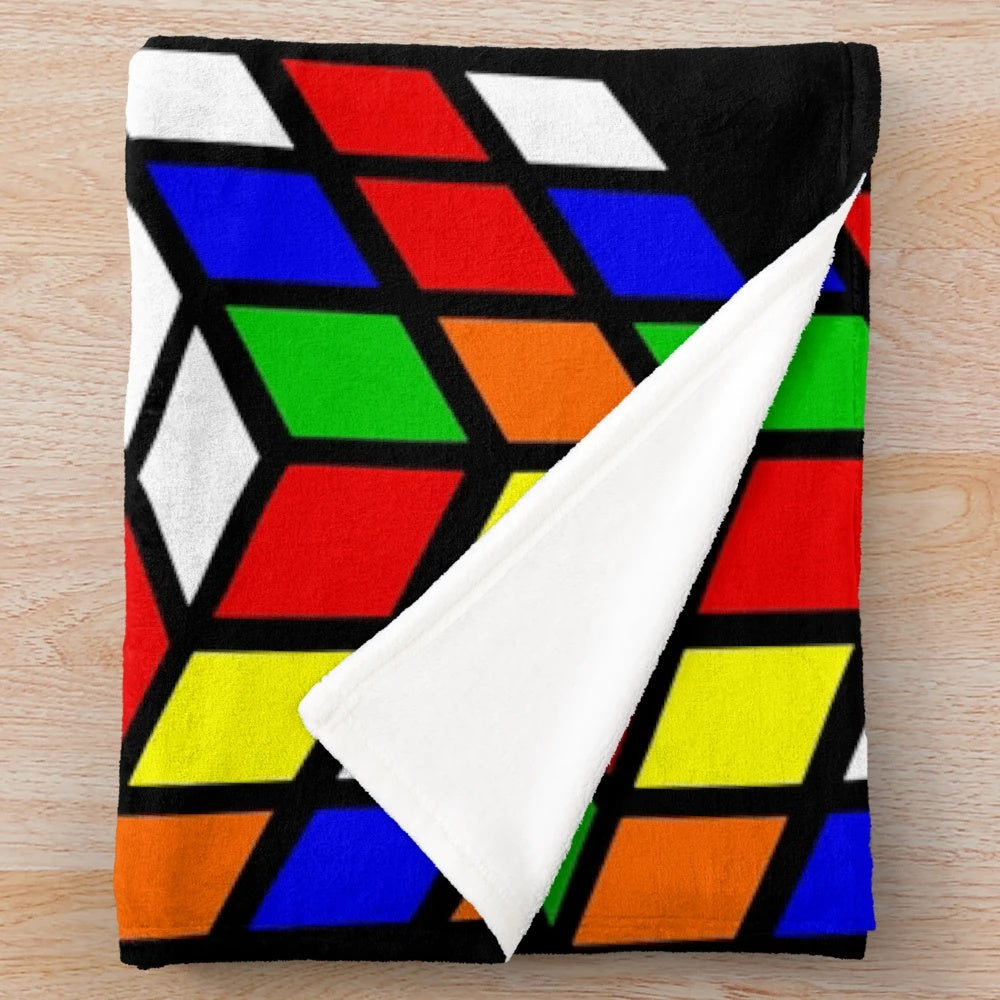 Colorful magic cube plush blanket with retro puzzle design