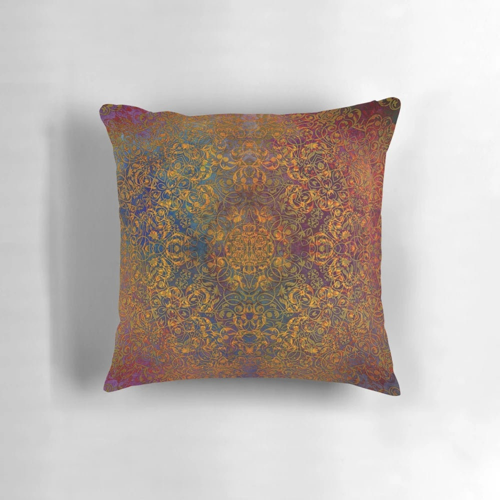 Colorful mandala print throw pillow with intricate floral and circular patterns