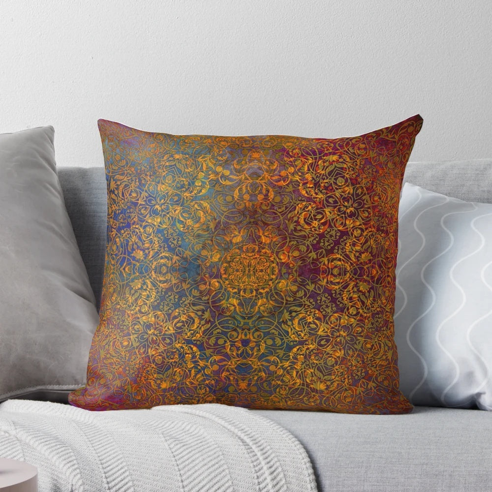 Colorful mandala print throw pillow with intricate floral and circular patterns