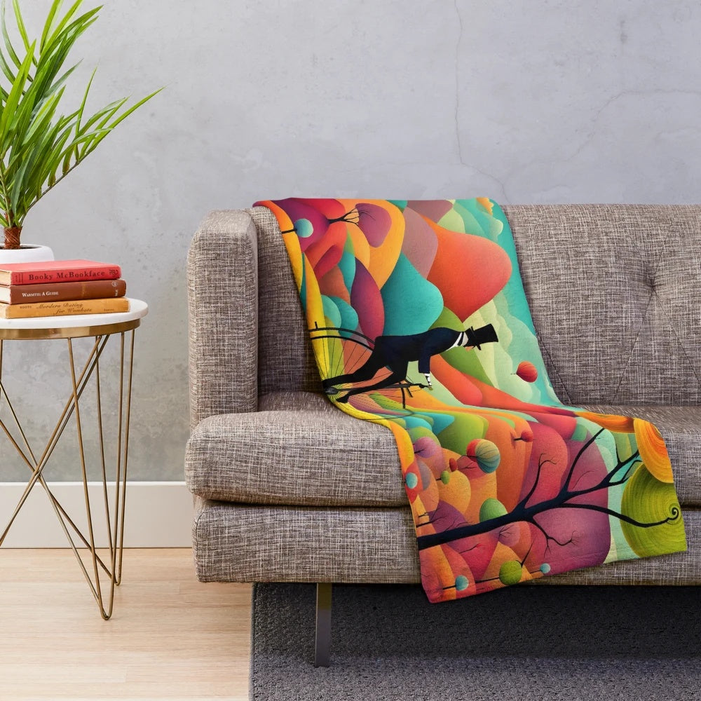 Colorful and whimsical plush blanket with a magical journey design