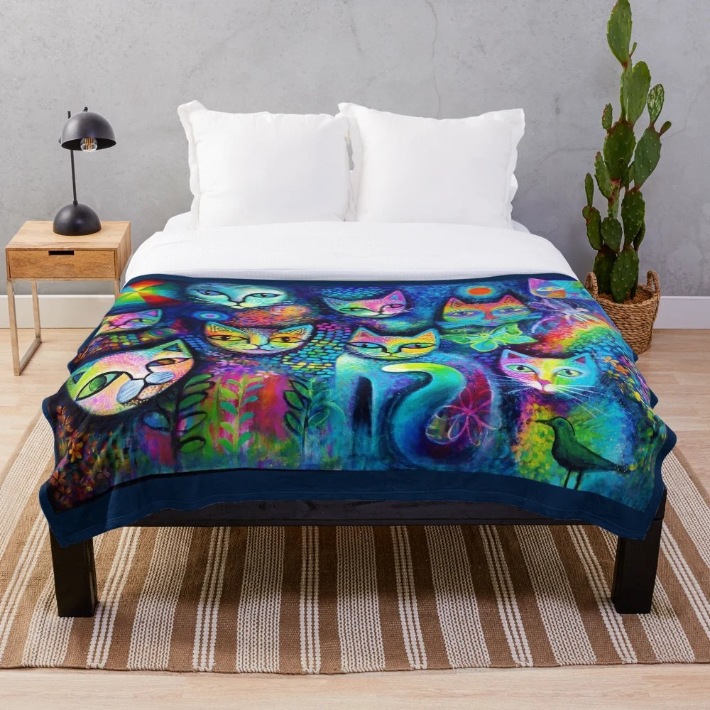 Colorful Magicats plush blanket featuring an abstract cat pattern
