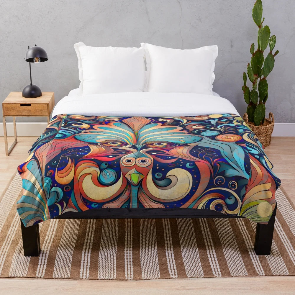 Magician-inspired plush blanket with abstract, colorful patterns