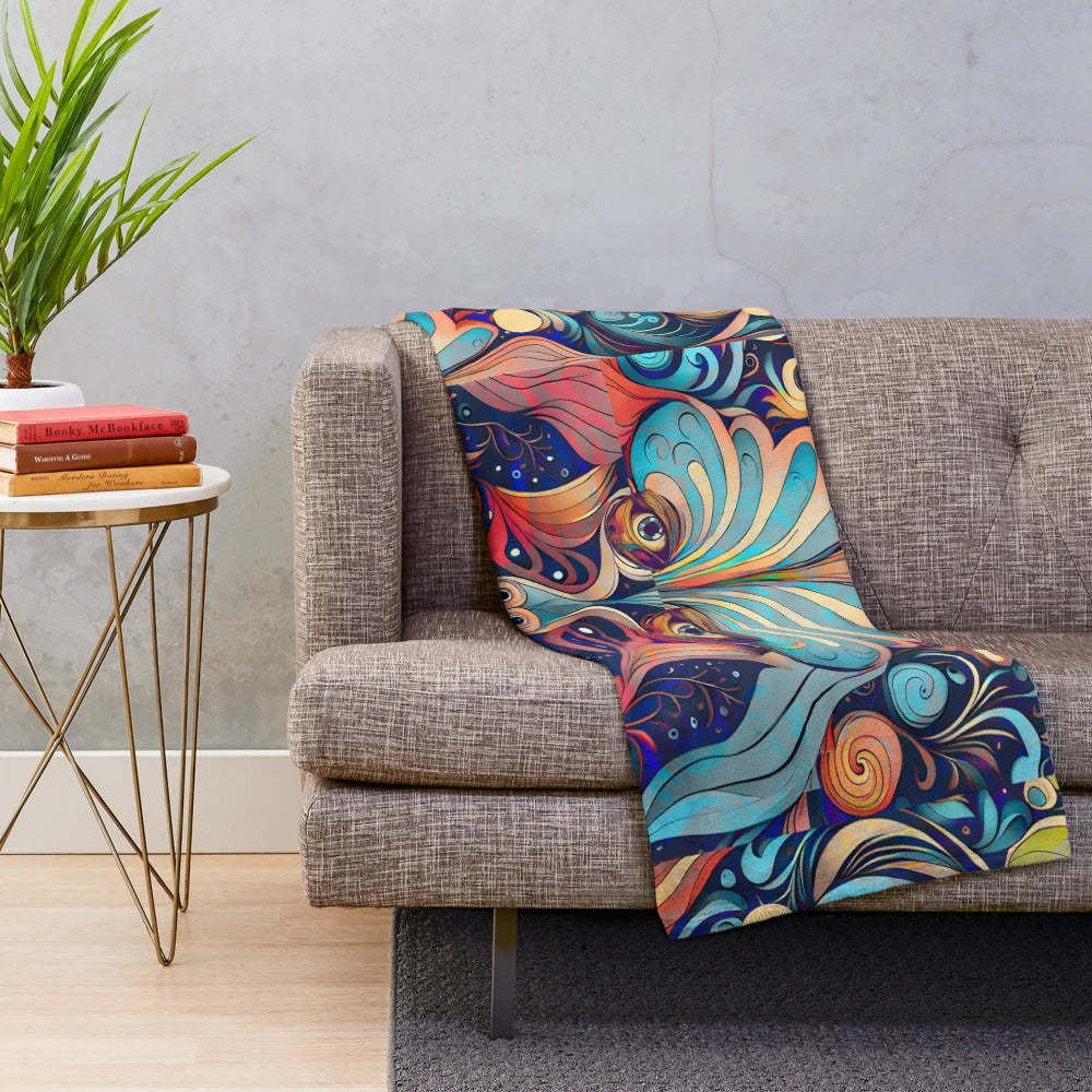 Magician-inspired plush blanket with abstract, colorful patterns