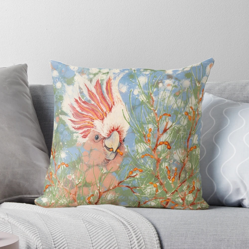 Vibrant, colorful pillow featuring a detailed illustration of a Major Mitchell cockatoo, a striking Australian native bird.