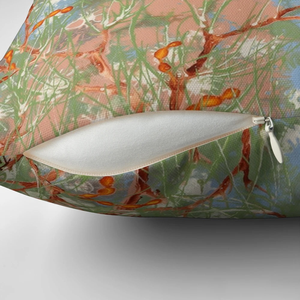 Vibrant, colorful pillow featuring a detailed illustration of a Major Mitchell cockatoo, a striking Australian native bird.