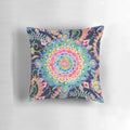 Vibrant, hand-drawn mandala design on a soft, decorative pillow